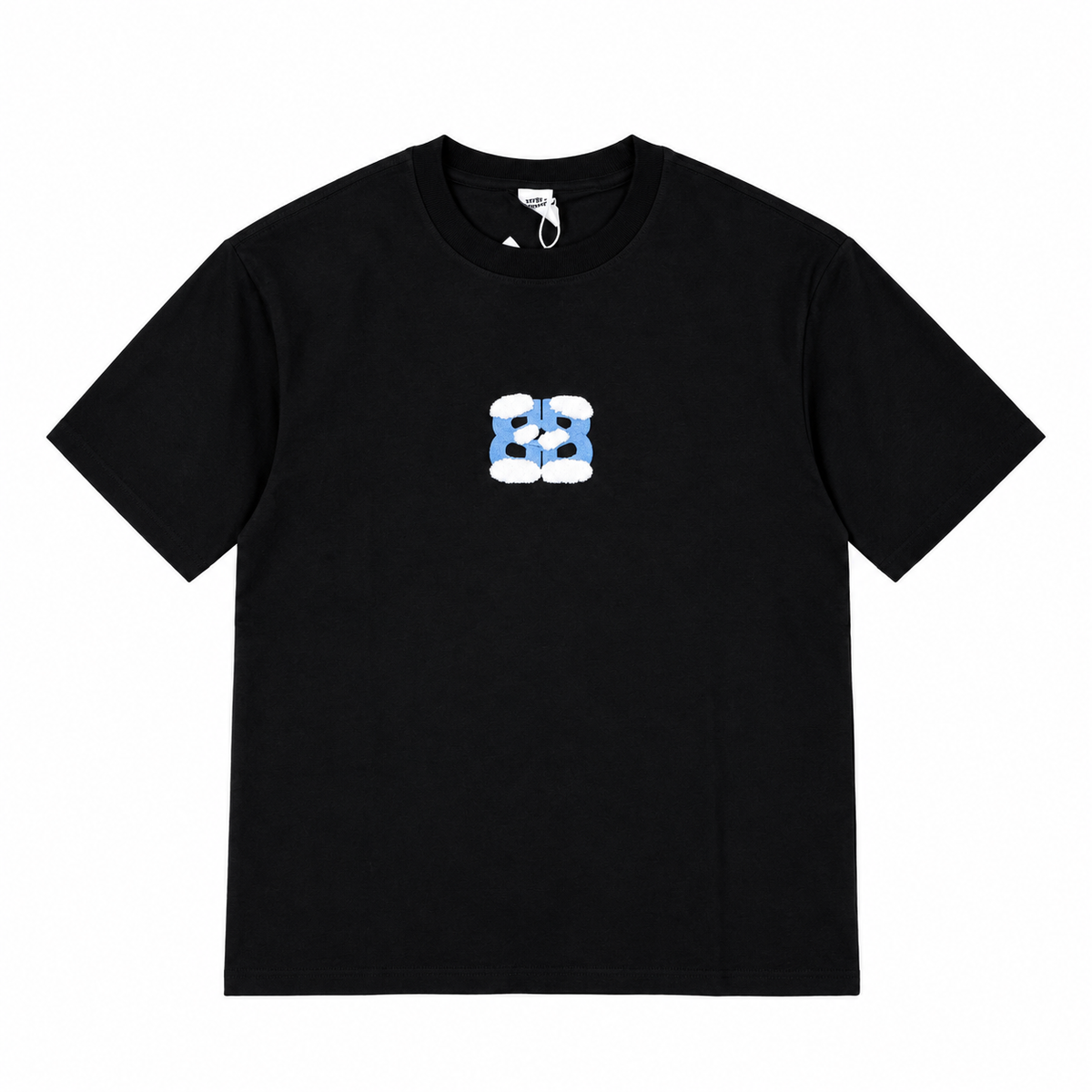 LARVIN Black Graphic Boxy Fit T-Shirt – Blue & White 3D Print