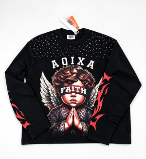 LARVIN Faith Angel Graphic Acid Wash Long Sleeve T-Shirt