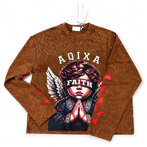 LARVIN Faith Angel Graphic Acid Wash Long Sleeve T-Shirt