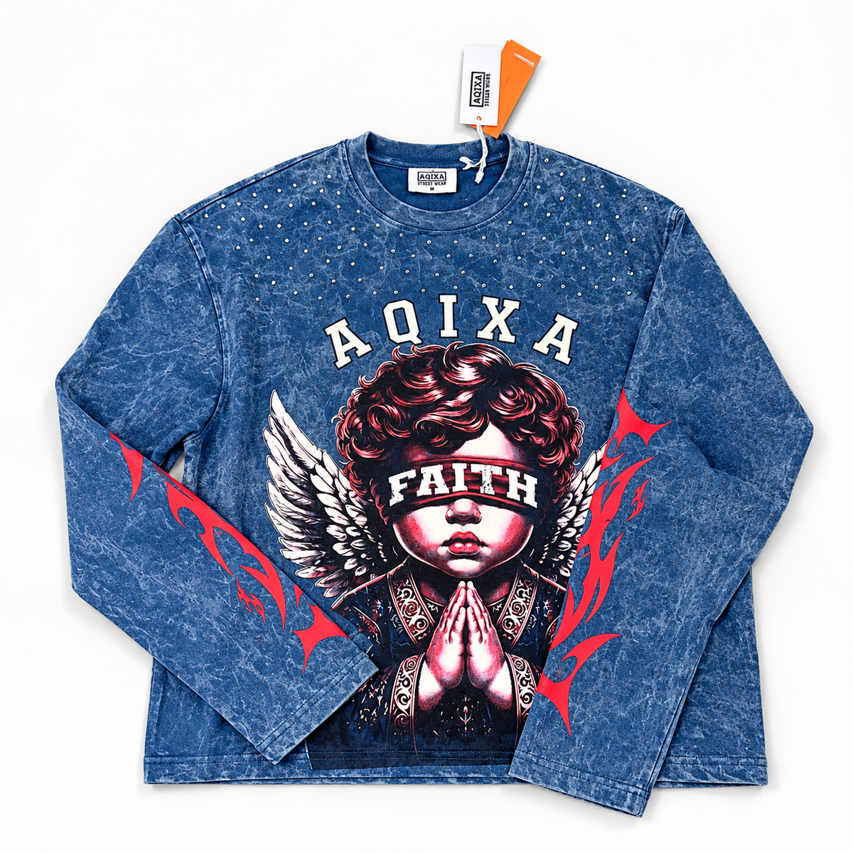 LARVIN Faith Angel Graphic Acid Wash Long Sleeve T-Shirt