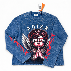 LARVIN Faith Angel Graphic Acid Wash Long Sleeve T-Shirt